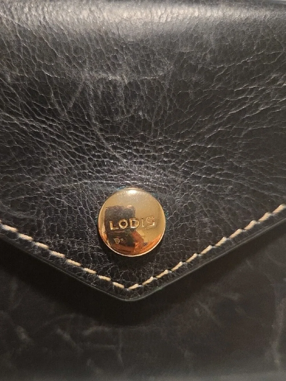 Lodis Black Leather Envelope Snap Wallet with Cream Stitching
